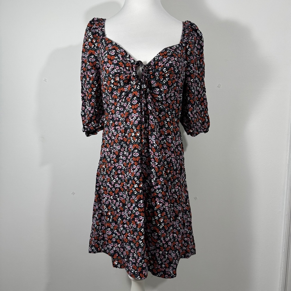 Wild Fable‎ Black Floral Mini Dress Puff Sleeve Tie Front Size Large